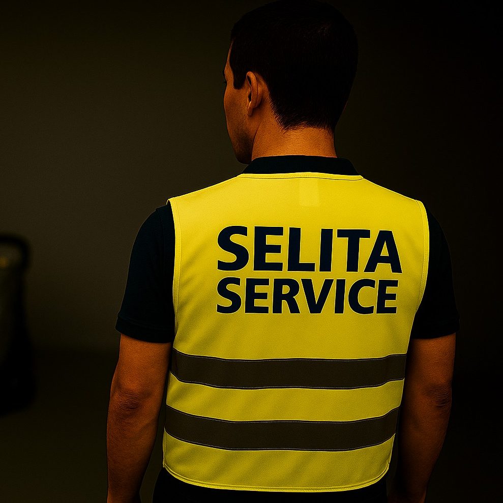 Selita Service GmbH Dortmund Person in gelber Warnweste mit Aufschrift "SELITA SERVICE", steht vor zwei Maschinen. Reinigung Dortmund